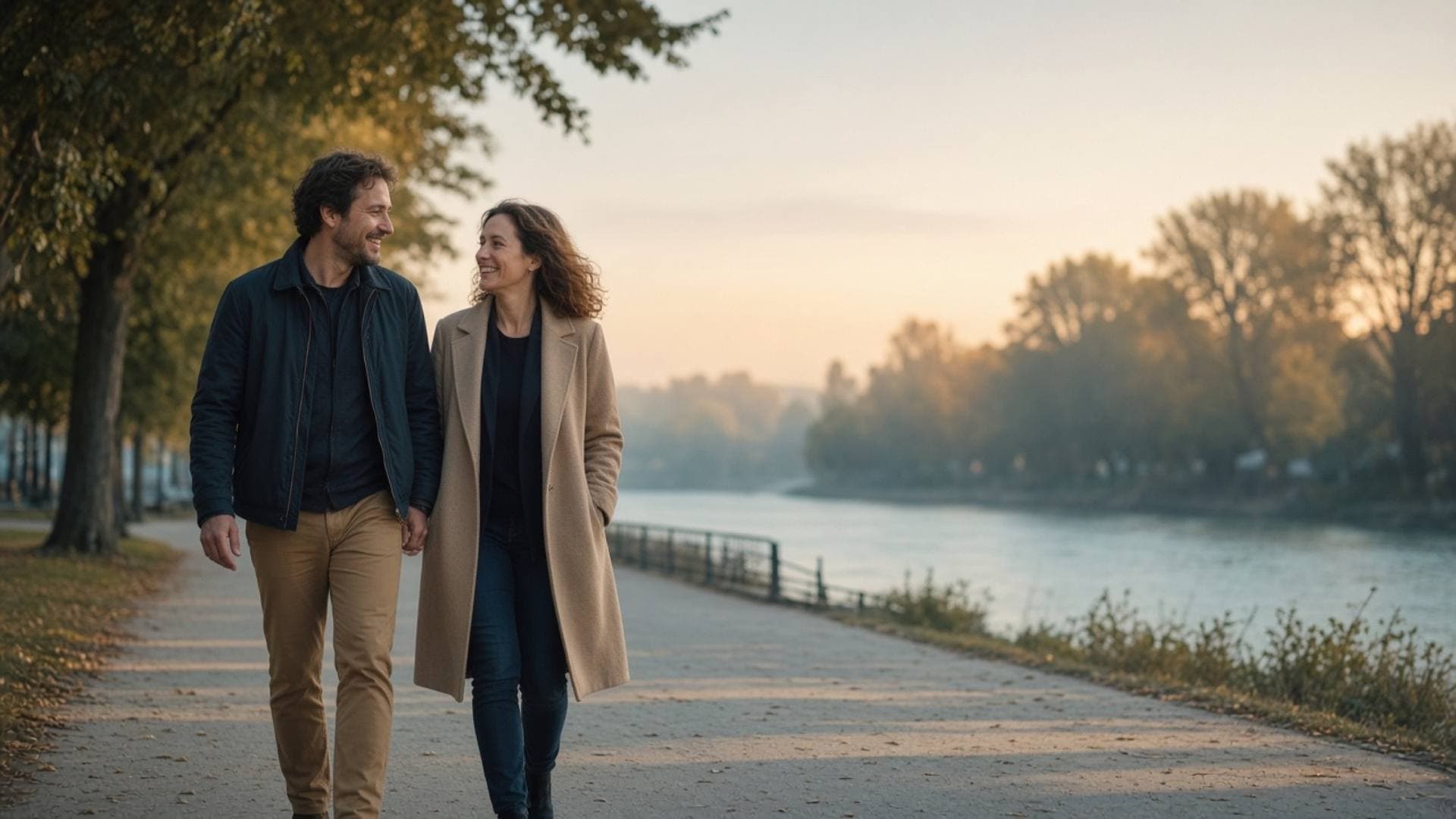 Mann und Frau gehen Hand in Hand einen Uferweg entlang. Symbolbild.