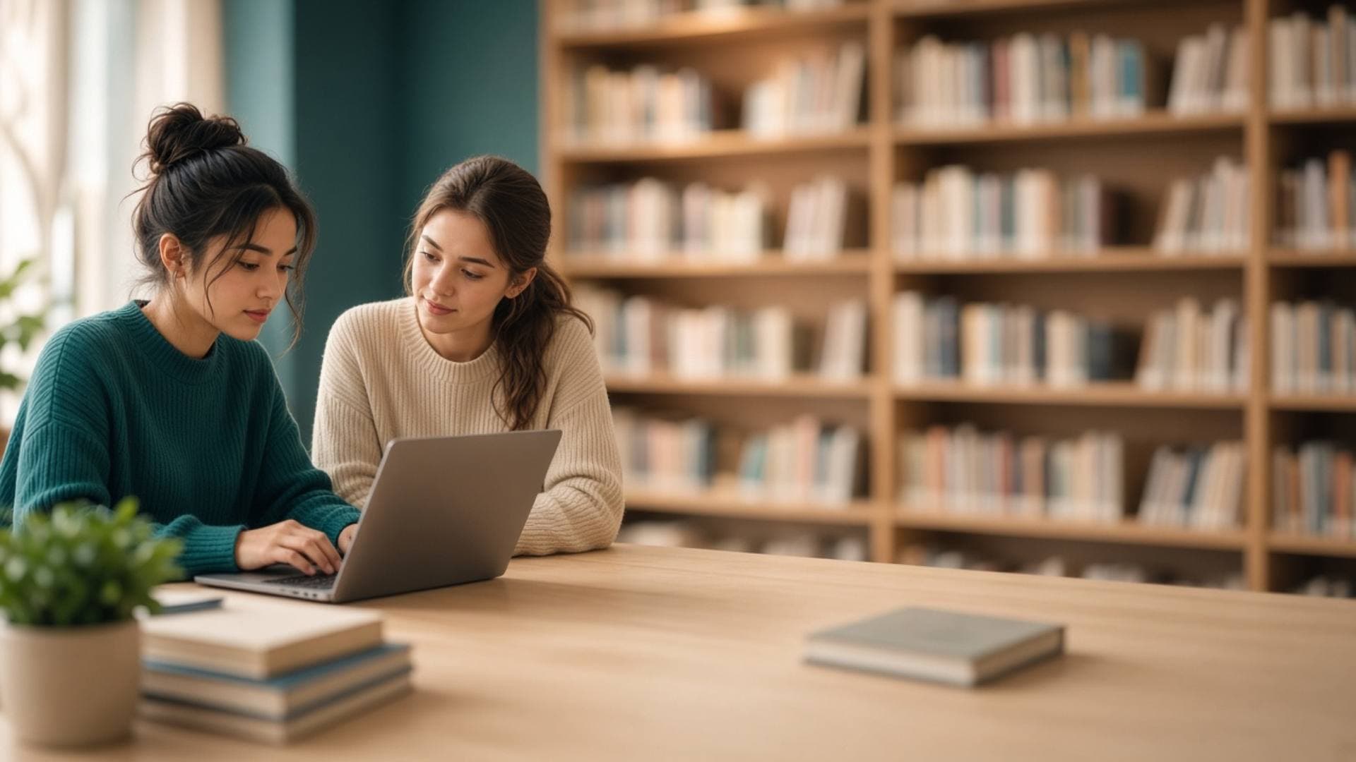 Zwei Personen an einem Tisch mit Büchern und Laptop. Symbolbild.