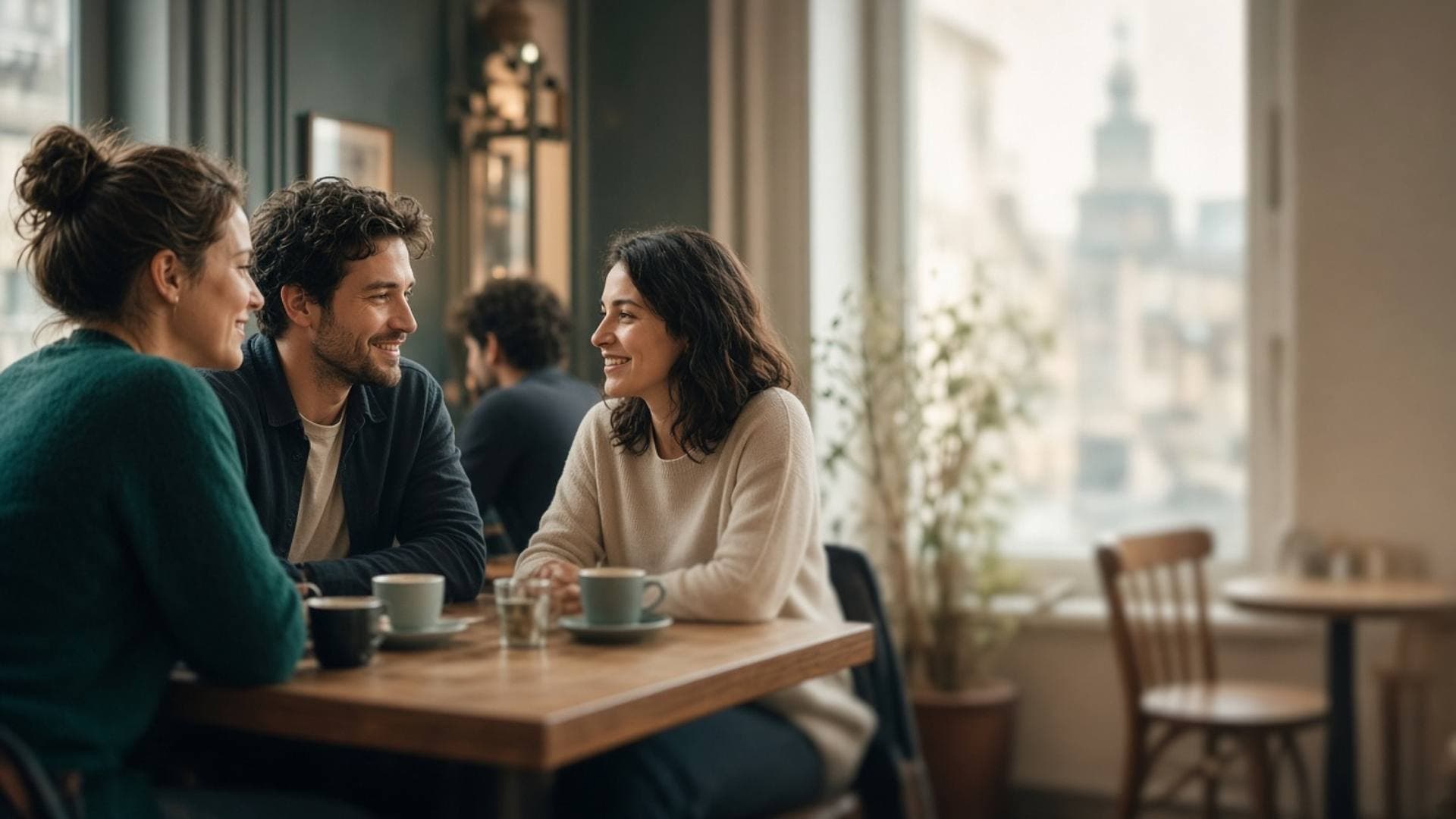 Gruppe von Erwachsenen an einem Café-Tisch. Symbolbild.